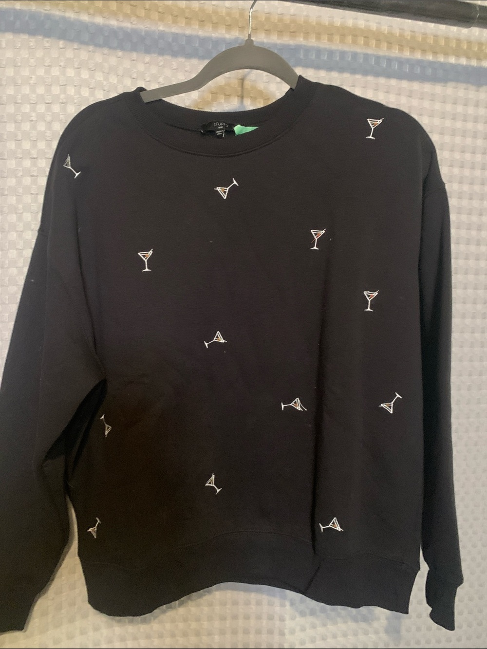 🍄Studio Black Crewneck Sweater with Martini Embroidery